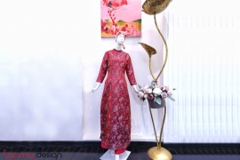  Brocade long dress with red bunch of flower pattern